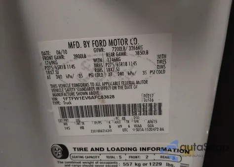 2010 Ford F-150 Fx4/Harley-Davidson/King Ranch/Lariat/Platinum/Xl/Xlt from USA, damaged, VIN 1FTFW1EV6AFC83828